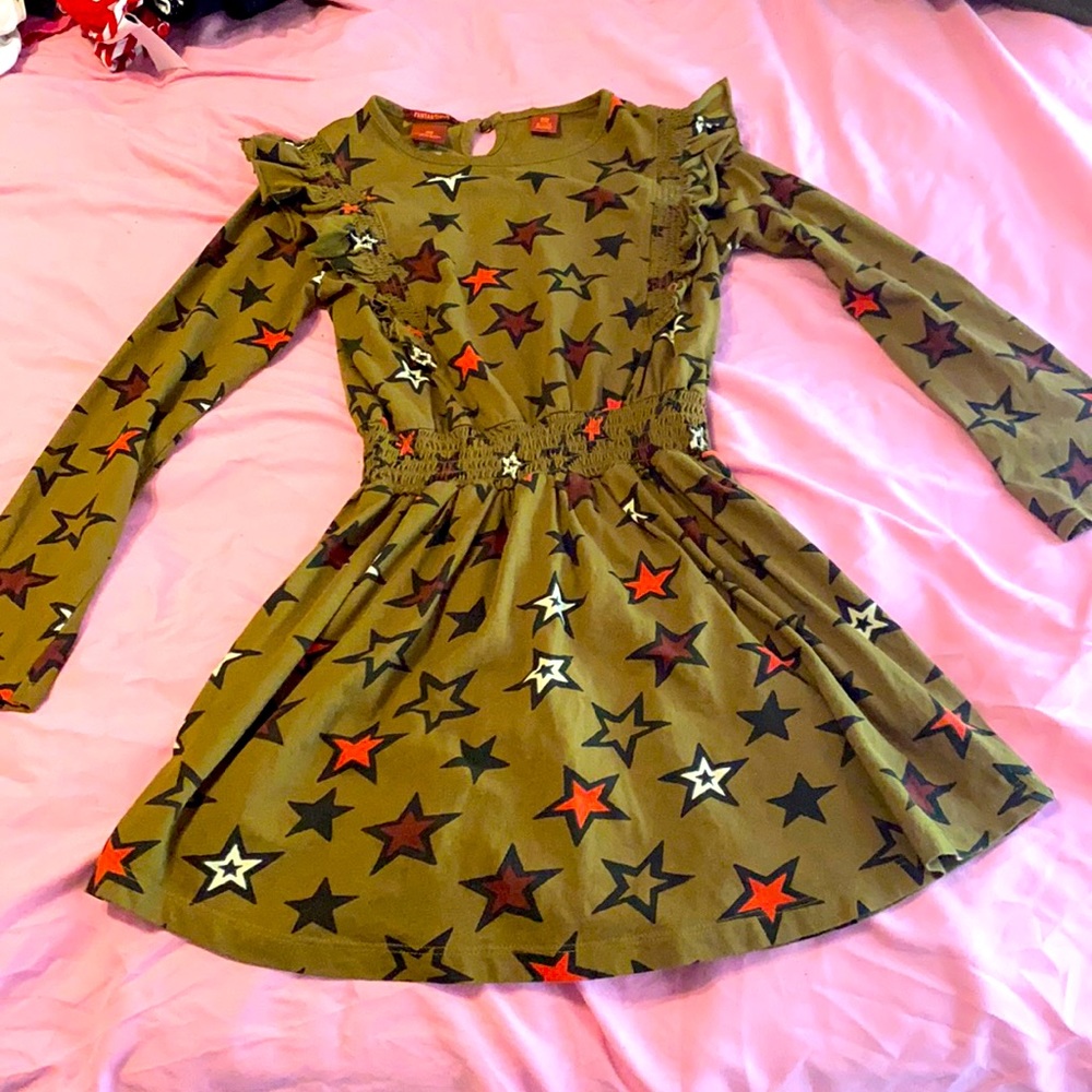 Army green dress with star print and ruffle top